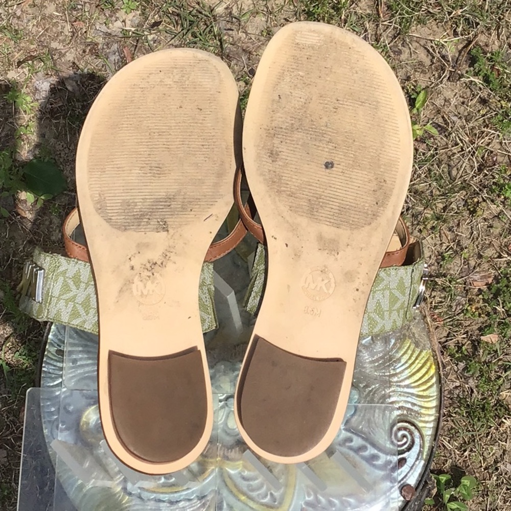 Michael By Micheal Kors Sidney Thong Flat Tan and Green MK Logo Women's Sandals - Picture 9 of 16